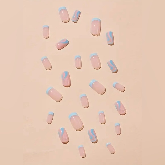 24Pink & Blue Medium Short Square Fake Press On Nails Kit, Swirl French Manicure - Picture 2 of 3
